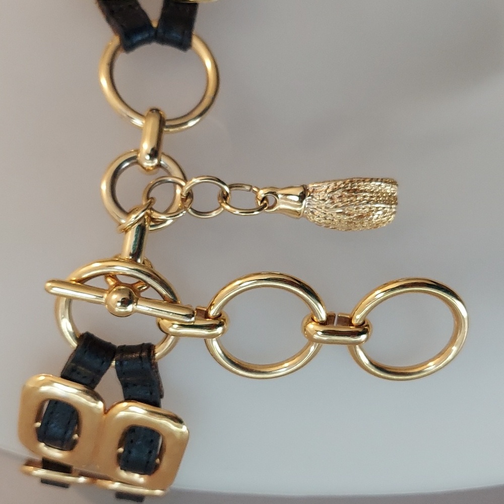 Vintage Late 1980s/Early 1990s Gold Chain & Woven Black Leather Double Link Belt - Picture 5 of 16